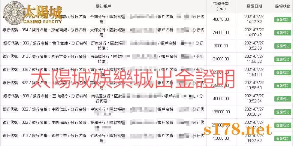 太陽城娛樂城會員出金記錄圖